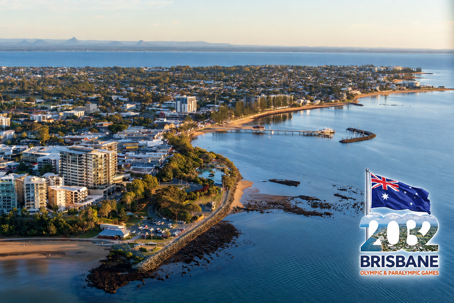 Moreton Bay and Brisbane 2032 aerial view